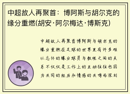 中超故人再聚首：博阿斯与胡尔克的缘分重燃(胡安·阿尔梅达·博斯克)