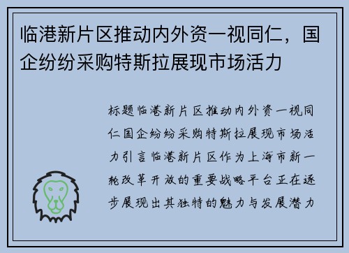 临港新片区推动内外资一视同仁，国企纷纷采购特斯拉展现市场活力