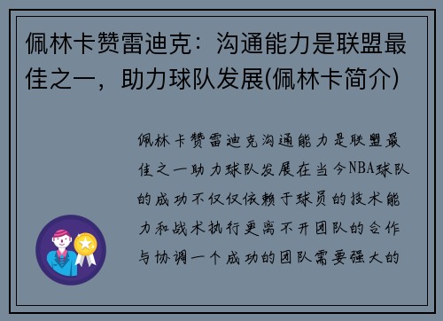 佩林卡赞雷迪克：沟通能力是联盟最佳之一，助力球队发展(佩林卡简介)