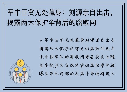 军中巨贪无处藏身：刘源亲自出击，揭露两大保护伞背后的腐败网