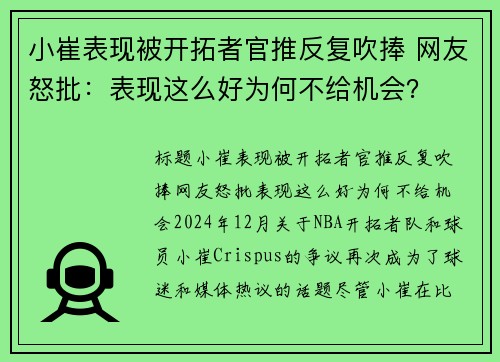 小崔表现被开拓者官推反复吹捧 网友怒批：表现这么好为何不给机会？