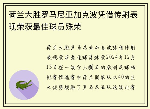 荷兰大胜罗马尼亚加克波凭借传射表现荣获最佳球员殊荣